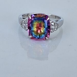 Vibrant Rainbow Quartz Doublet Ring Sterling Silver Size 7.5!